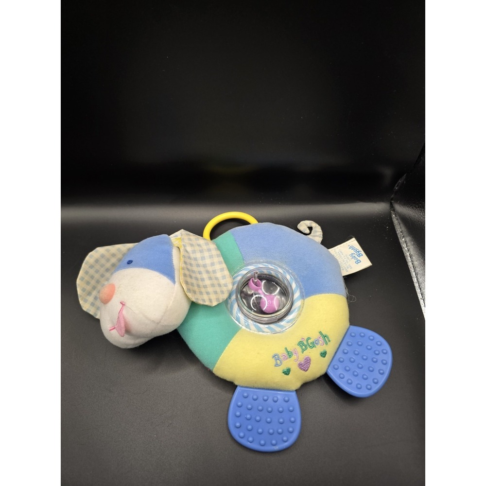 Vintage Oshkosh Baby B'gosh Puppy Dog Blue Gingham Ears Rattle Plush